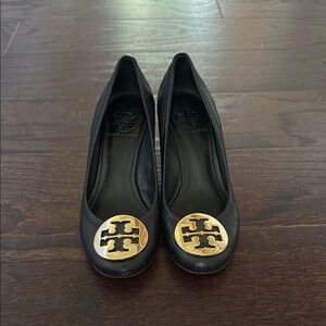 Tory Burch Black Leather Heels with Gold Logo